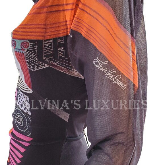 AVE THE QUEEN DRESS MAXI LONG SIGNATURE PRINTED TULLE OPEN BACK sz S SMALL - Picture 4 of 10